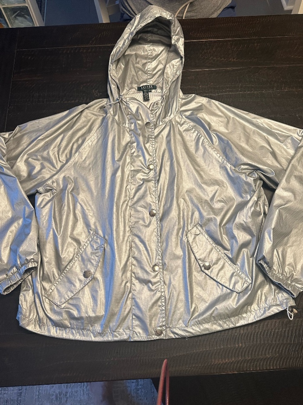 Lauren Ralph Lauren Women Silver Foil Metallic Hooded Jacket Windbreaker -XL